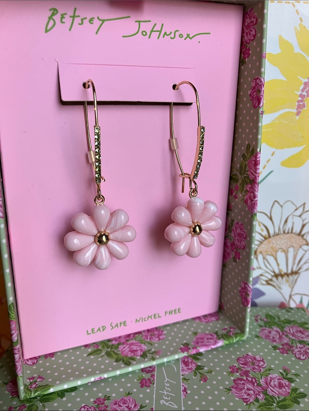 Betsey Johnson Pale Pink Daisy Drop Earrings with Gold Accents